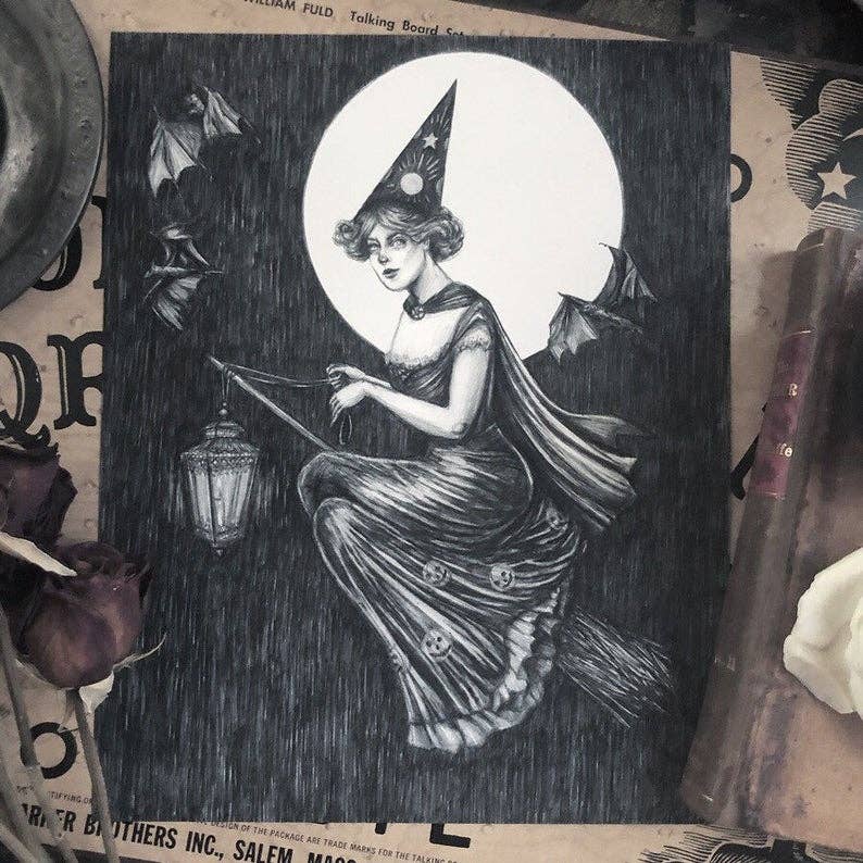 By Lantern Light Fine Art Print - Vintage Halloween Witch