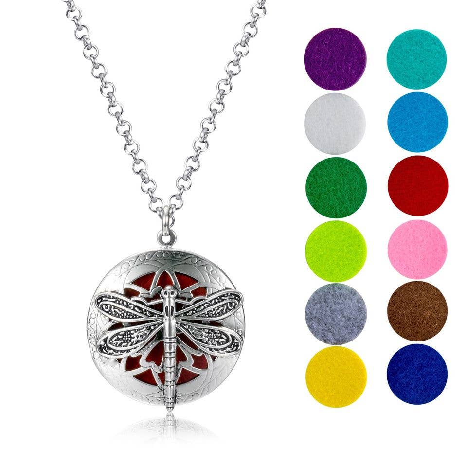 DragonFly Chrome Aromatherapy Diffuser Necklace with 12 color pads