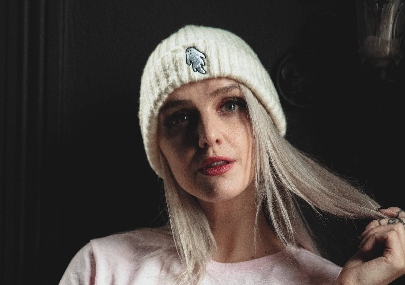 Ghost White | Ghostie Embroidered & Reversible Knit Beanie