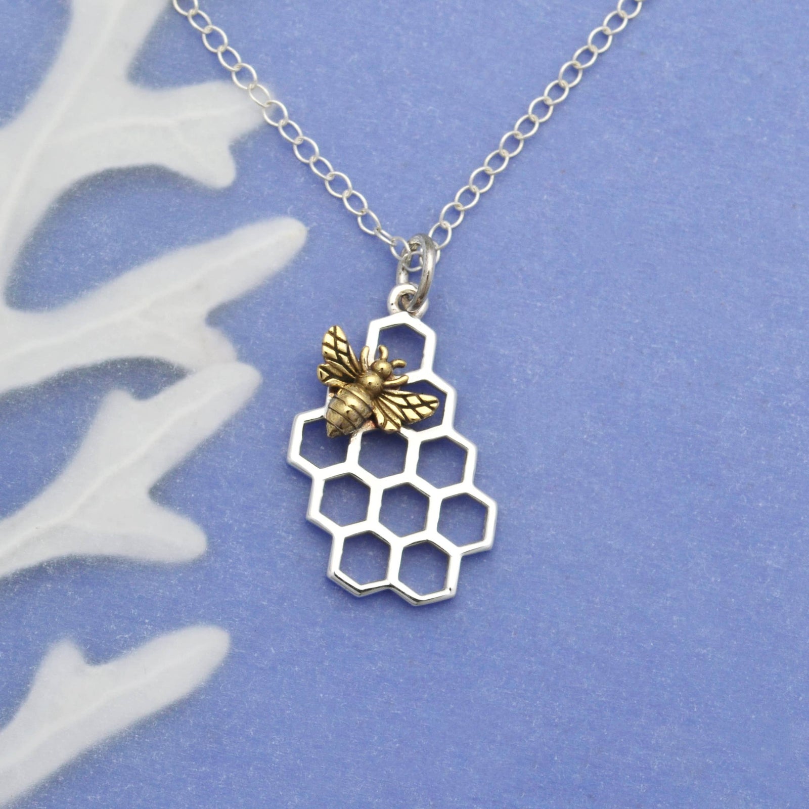 Sterling Silver Honeycomb Necklace with Bronze Bee