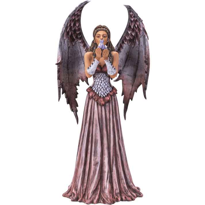 It depicts a fairy with a darker complexion with an intricate braided hairstyle with purple beads. She holds a small baby dragon in her hands in front of her face. The Adoration Fairy Statue makes a great piece of fantasy decor or an addition to any fairy statue collection.