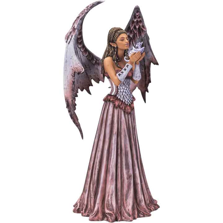 It depicts a fairy with a darker complexion with an intricate braided hairstyle with purple beads. She holds a small baby dragon in her hands in front of her face. The Adoration Fairy Statue makes a great piece of fantasy decor or an addition to any fairy statue collection.