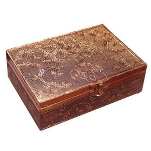 The box's gorgeous lid has been ornately embossed with a beautiful Tree of Life and a lovely array of vines, flowers, and dragonflies can be found all around the perimeter. This captivating box will add a bit of enchantment and earthly charm to any sacred space or table.  It is available in both a White Metal style and a Copper Plated style.