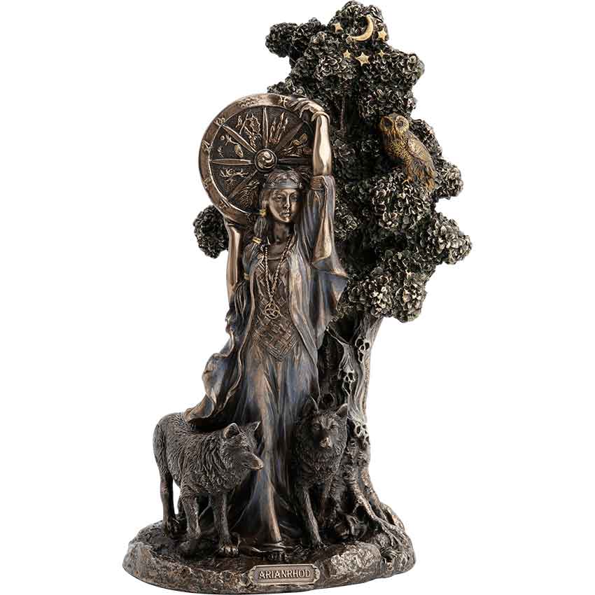 Made from cold-cast bronze, this hand-painted statue depicts the Celtic goddess that ruled over cosmic fate, rebirth, the moon, and the stars according to Welsh mythology. She wears a long blue dress with long sleeves. Above and behind her head, she holds a wheel of the year.