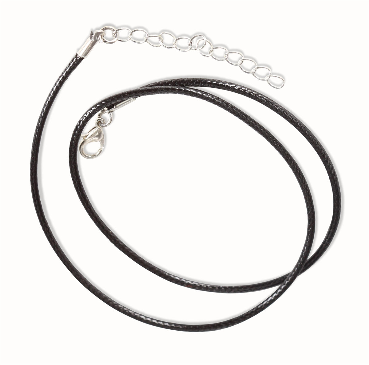 Adjustable Cotton Cord Necklace featuring a 17-19 inch waxed cotton cord with a 2 inch extension chain and lead and nickel free zinc alloy materials.
