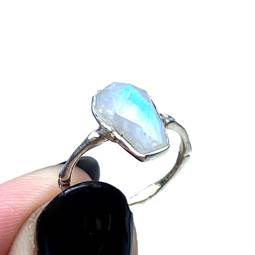 Rainbow Moonstone Bone-Band Sterling Silver Coffin Ring ⚰️