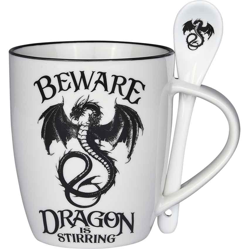 Bring the world of fantasy to your morning routine by drinking your favorite beverage out of the Dragon is Stirring Mug and Spoon Set. Made from ceramic, this set includes a white mug and spoon. On the side of the drink-safe mug, there is a black dragon hovering in flight. Intricate detailing creates shading and gives the dragon a more life-like look. 