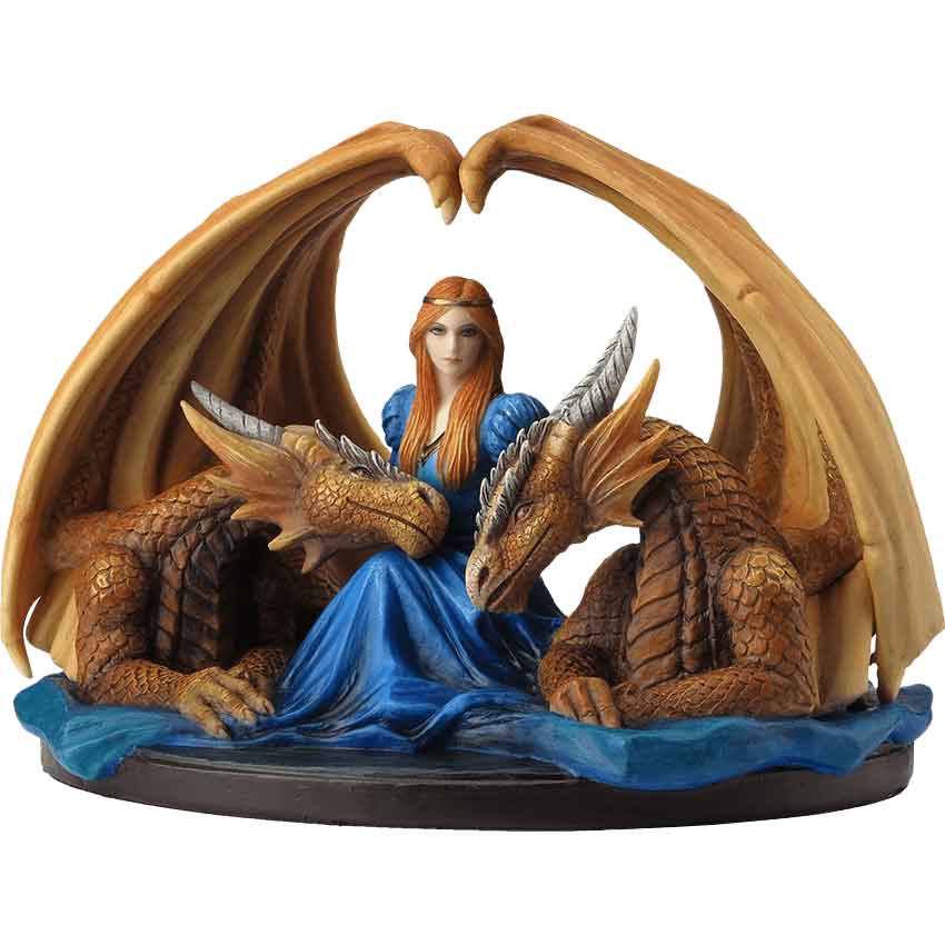 Fierce Loyalty Statue, featuring a polystone figurine based on the artwork of Anne Stokes, depicting a princess surrounded by two orange dragons with bat-like wings