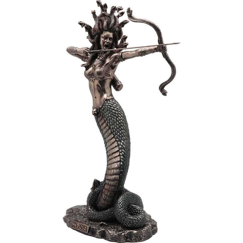 A detailed bronze figurine of the Greek Gorgon Medusa, pulling back a bow and arrow with her snake-like hair writhing around her.