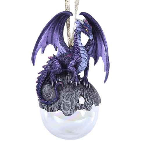 Love dragons? Then let this little one dangle somewhere noticeable in your home! Be it for Christmas on the tree or hanging in a bedroom or office, this ornament will draw the eye and add a flair of fantasy. The collectible features a dragon perched upon a stone. The rock seems to flow over a pearly, opal-like globe. A ribbon is included for easy hanging!