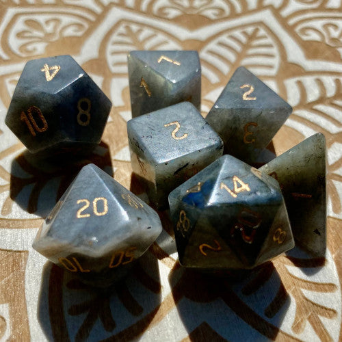 Labradorite Gemstone Dice Engraved Gaming Set