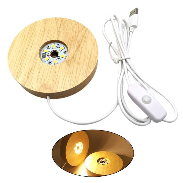 Round Wooden Base LED Lamp Stand with USB Port and Switch - 4&quot;