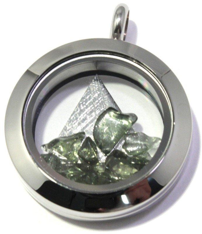 Moldavite & Iron Meteorite Floating Locket Pendant