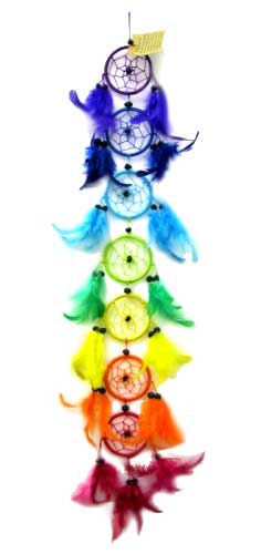 Colorful chakra dream catcher wall hanging with seven chakra circles and matching feathers, designed for spiritual décor and peaceful spaces.