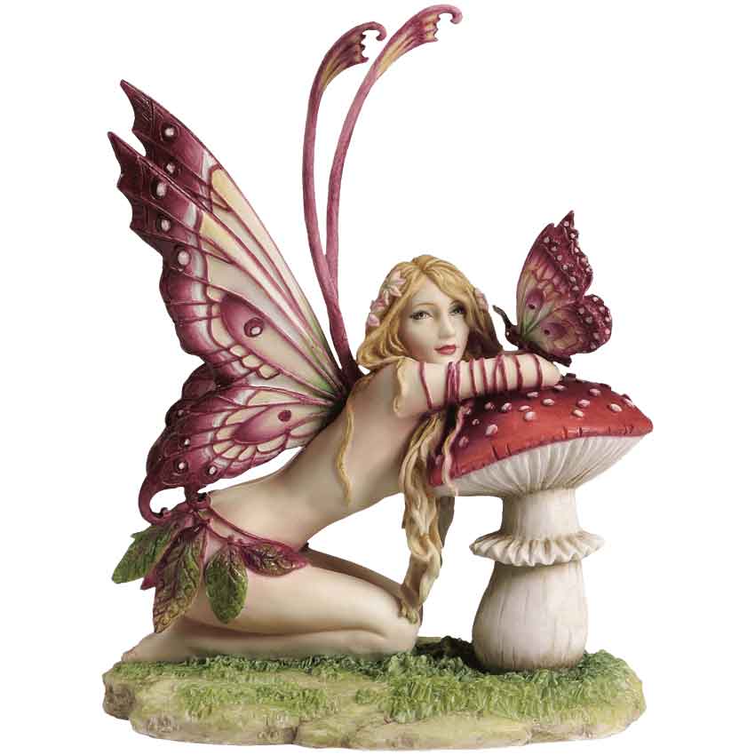Small Things Statue by Selina Fenech featuring a fairy sitting on a toadstool with wings and insect on her arms