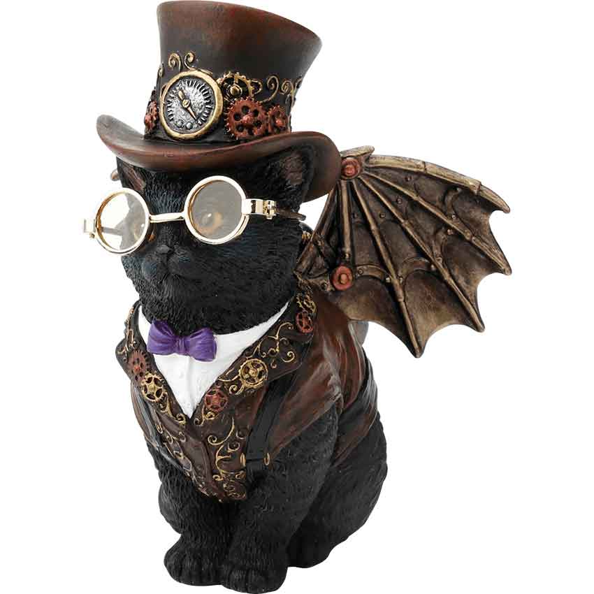 A side view of the Steampunk Gentleman Cat Statue, showing its polystone material and purple bowtie.