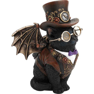 A side view of the Steampunk Gentleman Cat Statue, showing its polystone material and purple bowtie.