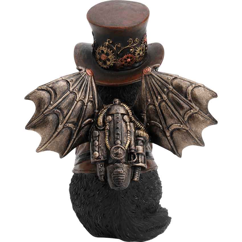 A close-up of the Steampunk Gentleman Cat Statue's bronze-colored rocket backpack with bat-like wings