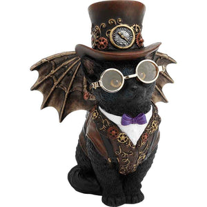 A black cat dressed in a brown vest, top hat, and goggles sitting on a surface with brass and red gears and scrollwork details.