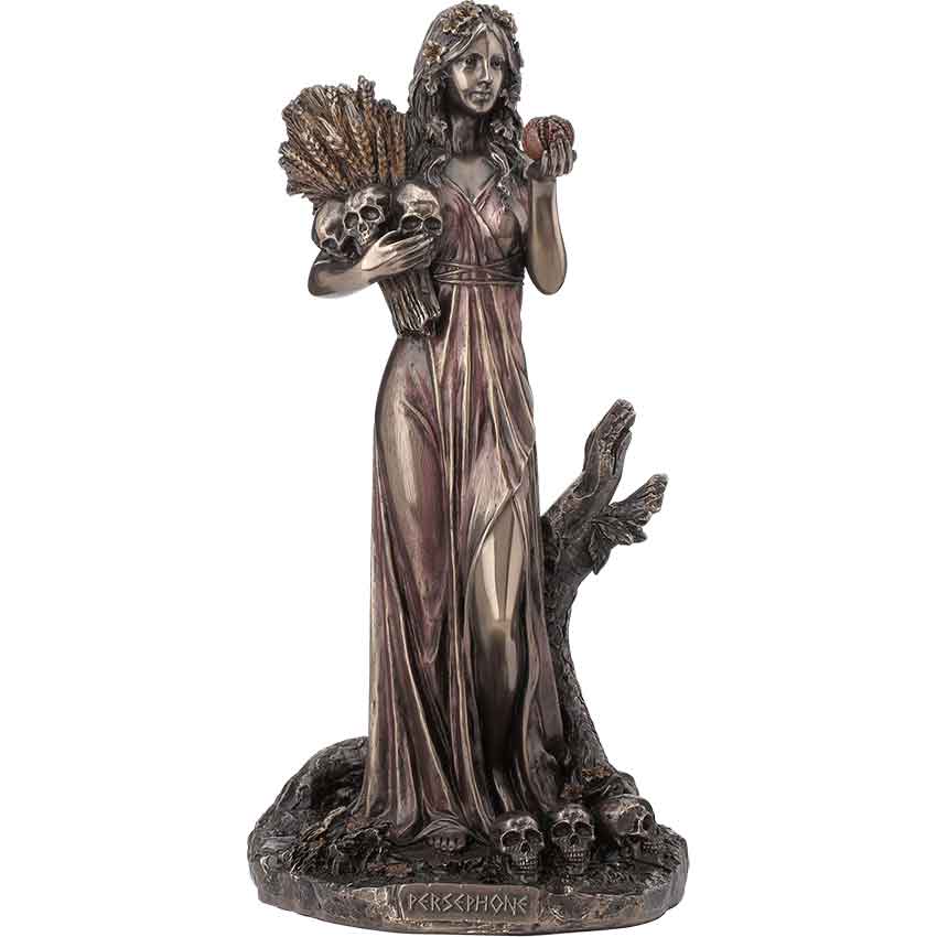 The Bronze Persephone Statue celebrates the queen of the underworld. Made of cold cast bronze, this hand-painted figure depicts the goddess standing on a desolate platform. She holds a pomegranate in her left hand. Then, in her right hand is a bundle of grain, referencing her mother Demeter, and three skulls. Additional skulls rest at her feet. Add this statue to any classically inspired decor or Greek mythology collection. You can even give it as a gift to a fan of the Greek myths.