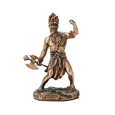 Statue of a warrior holding an axe with 'Chango' branding on a white background