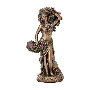 Bronze statue of the orisha Aja of the Forest and Herbs with floral wreaths on a white background