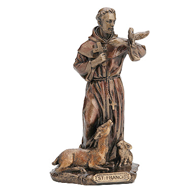 Statue of St. Francis with a wolf and a dove on a white background