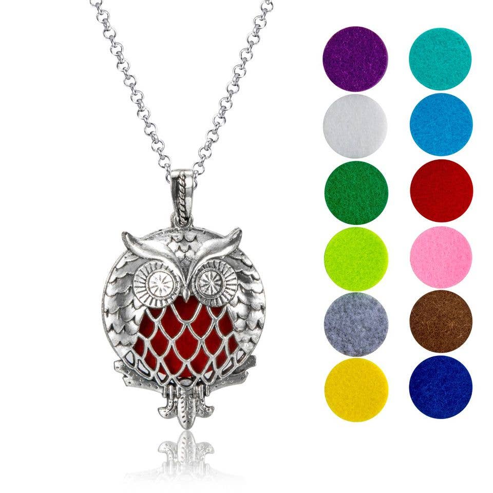 Owl of Athena Chrome Aromatherapy Diffuser Necklace with 12 color pads