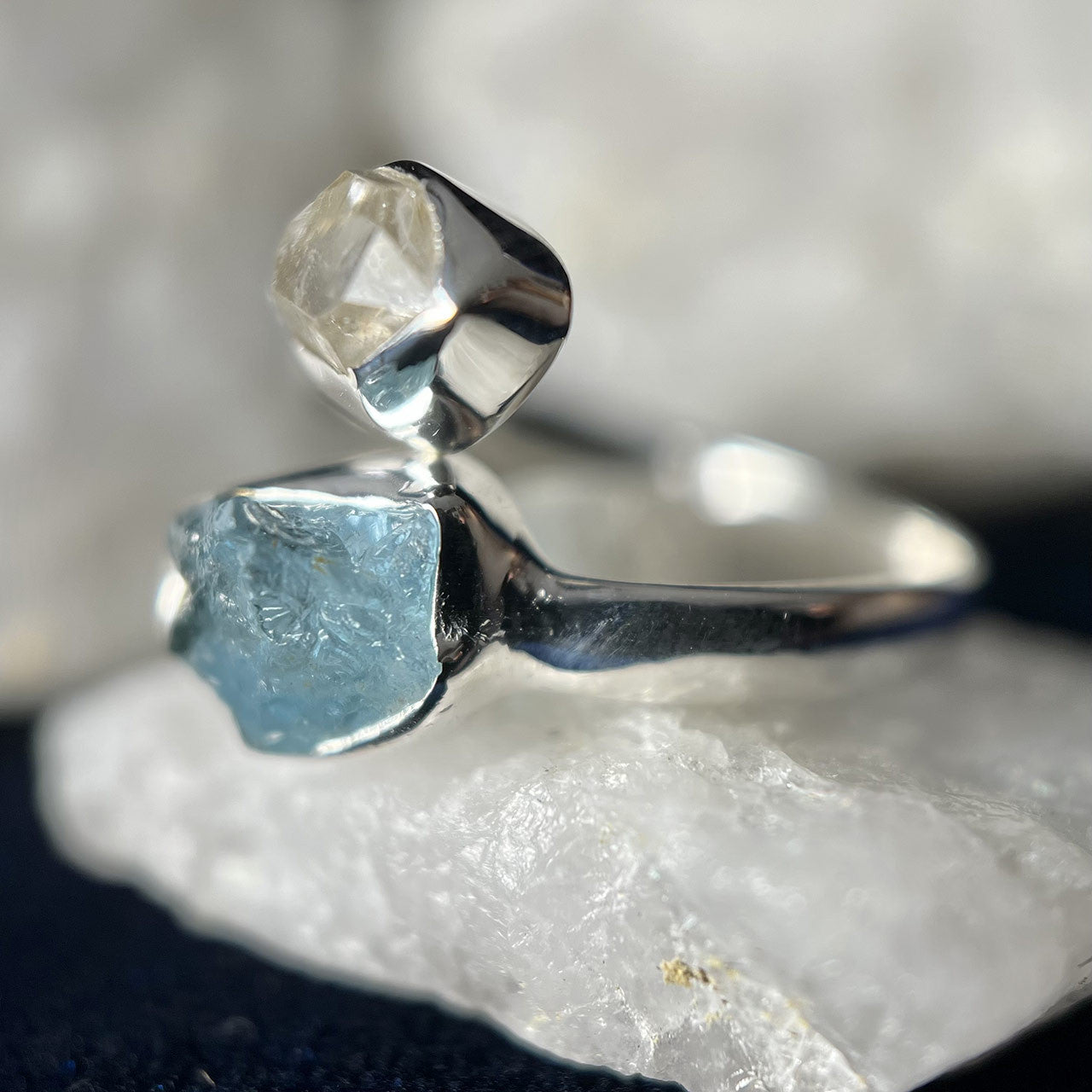 Aquamarine With Herkimer Diamond Sterling Silver Ring