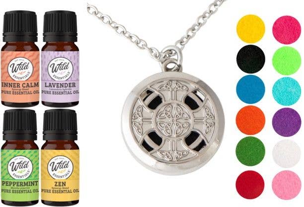 Celtic Cross Chrome Aromatherapy Diffuser Necklace with 12 Color Pads and 4 Essential Oils Set