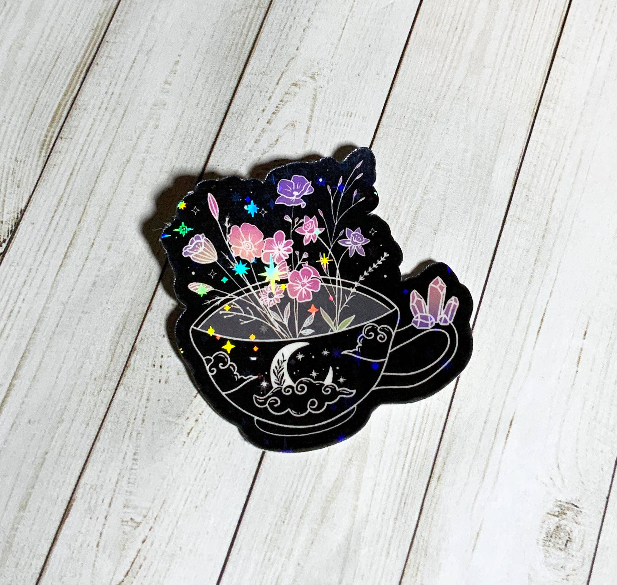 Flowers and Moon Tea Cup Vinyl Sticker