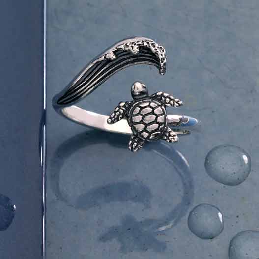 Sterling Silver Sea Turtle and Wave Adjustable Ring