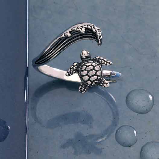 Sterling Silver Sea Turtle and Wave Adjustable Ring