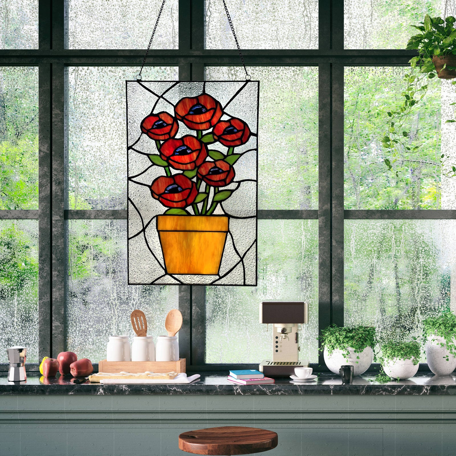Peony Flowers Red Stained Glass Window Panel