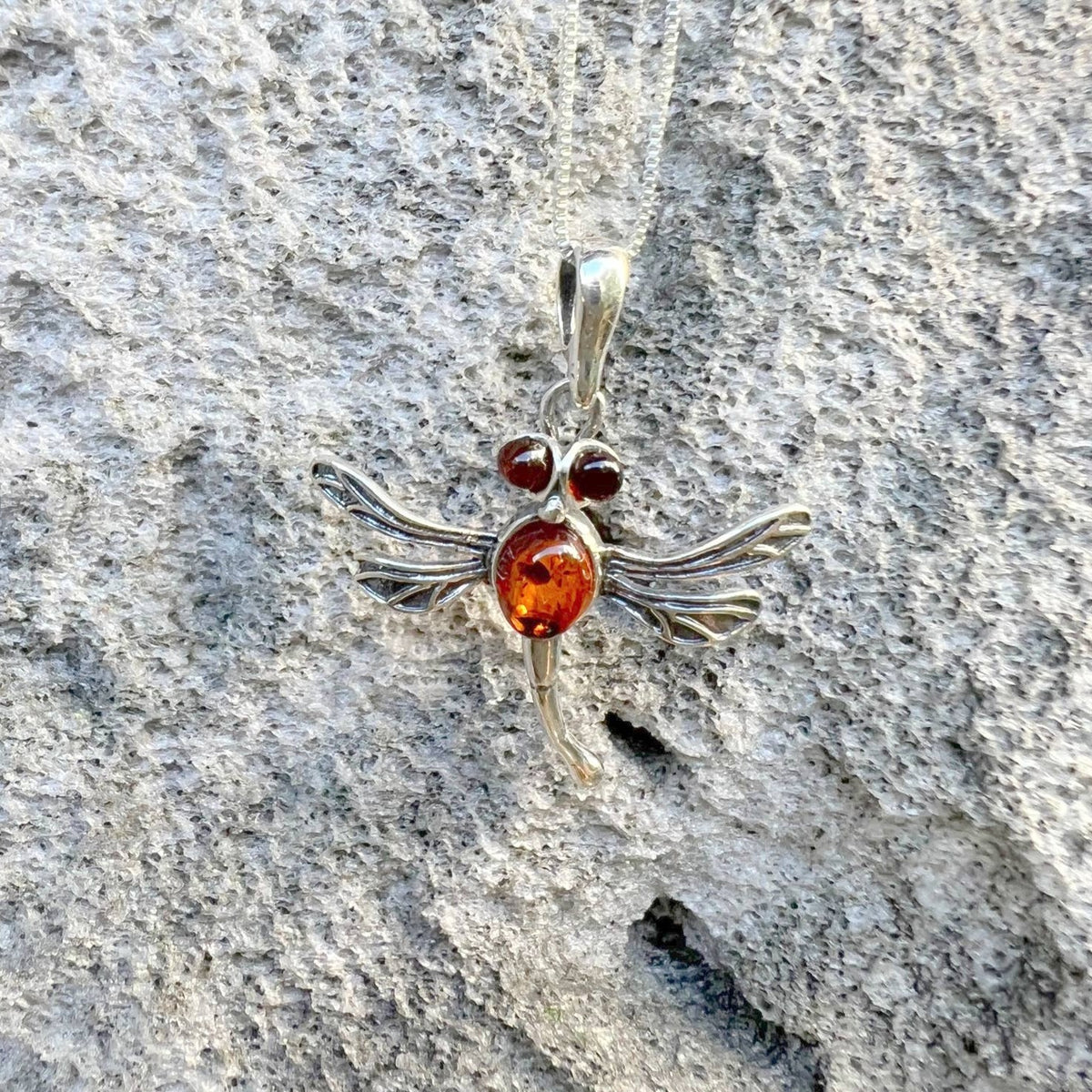Baltic Amber Dragonfly Sterling Silver Pendant - 1.25"