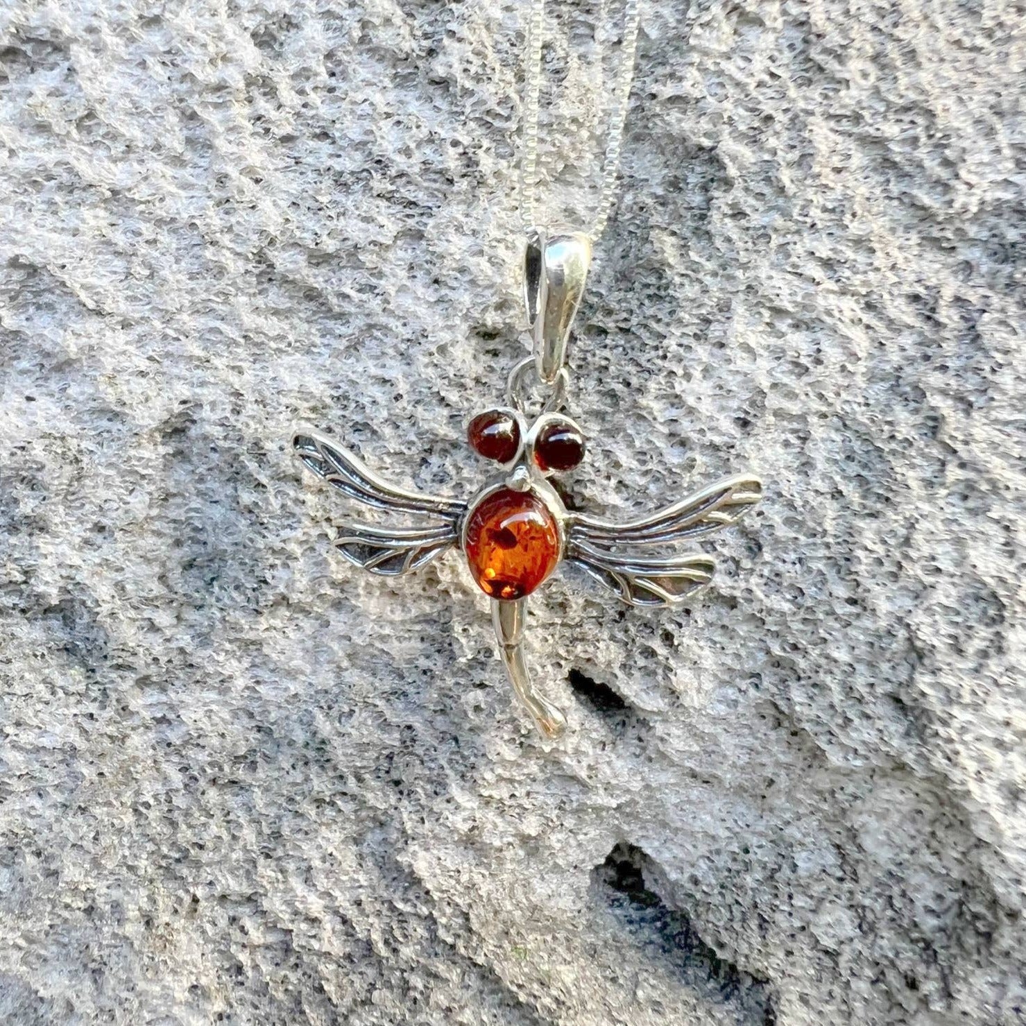 Baltic Amber Dragonfly Sterling Silver Pendant - 1.25"