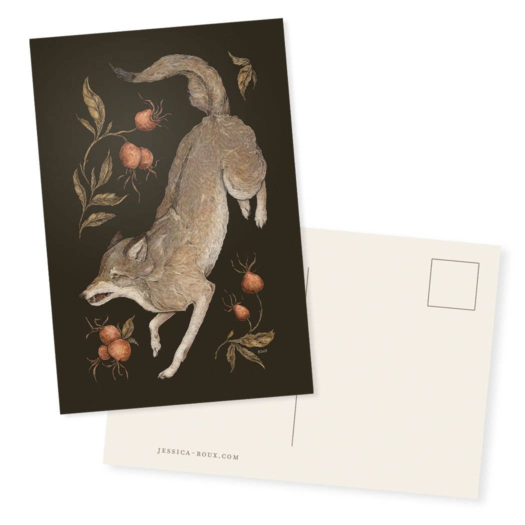 Wolf and Rose Hips Postcard Print 4” x 6”