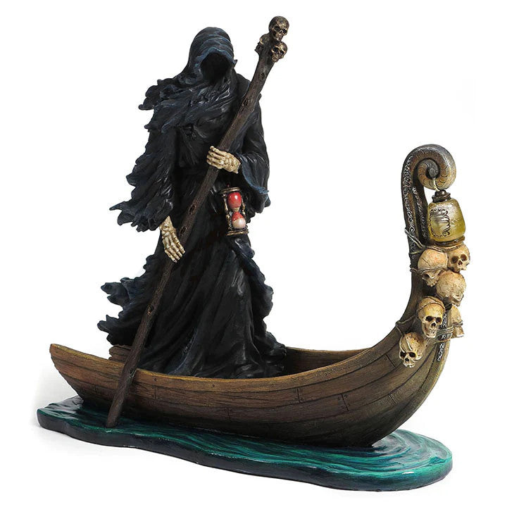 haron was the ferryman of the River Styx, who carried souls across its murky depths to their afterlife. People used to place a coin in the mouth of a dead person as the fee of the ferryman Charon. This statue depicts a deathly figure, attired in tattered black robes stands on a wooden boat, with an LED lantern lighting the way. The front of the boat is decorated with skulls that give it a gothic appearance. This statue is made of quality polystone and features intricate details.