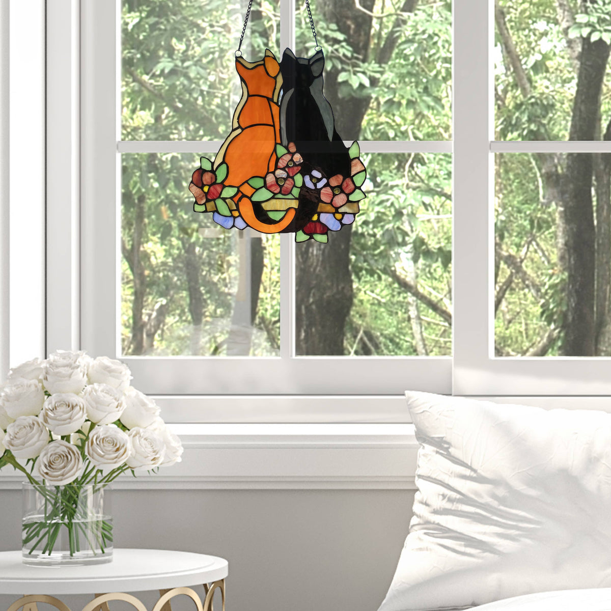 12.5&quot;H Callie Cats Orange &amp; Black Stained Glass Window Panel