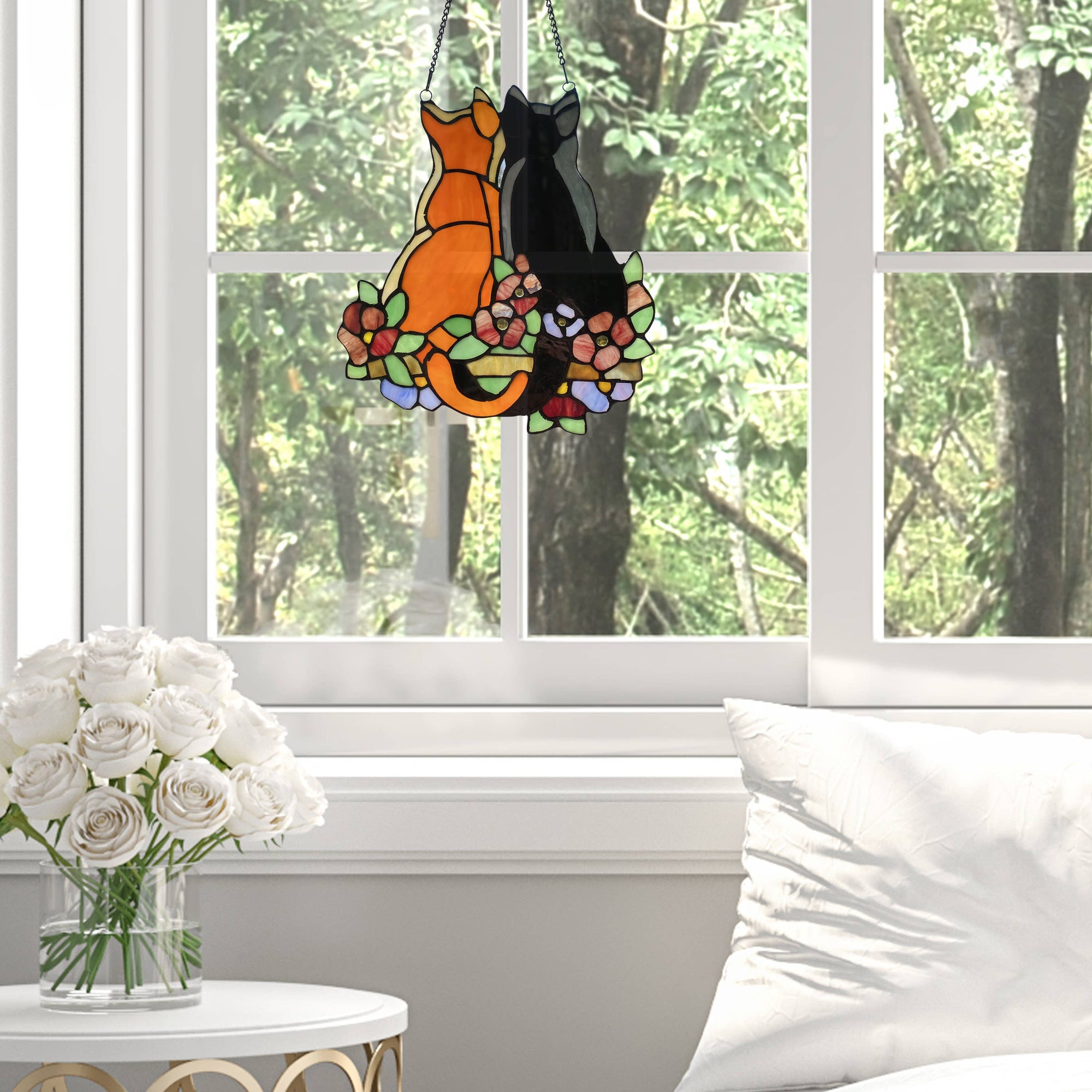 12.5"H Callie Cats Orange & Black Stained Glass Window Panel