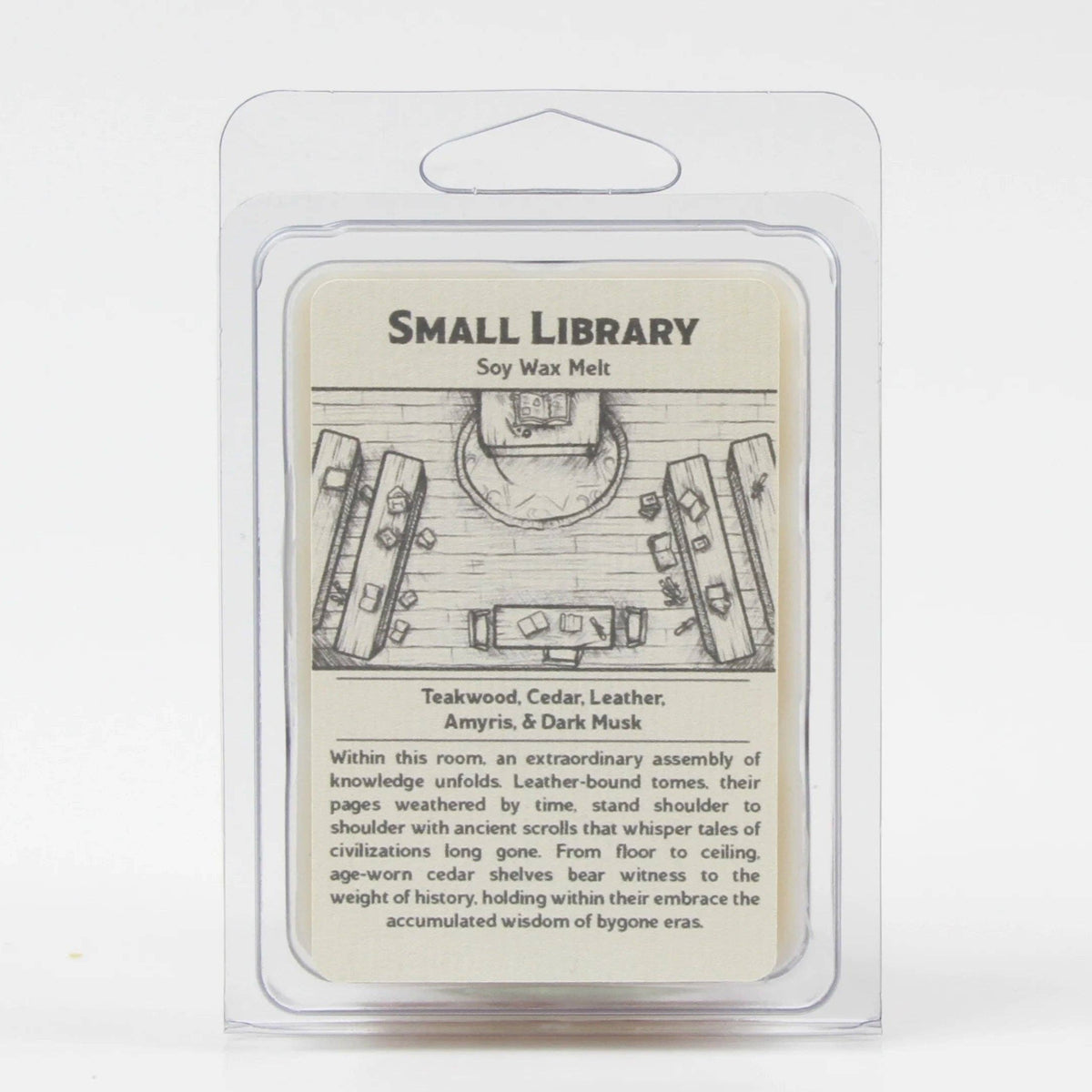 Small Library - Wax Melt Scent Notes: Teakwood, Cedar, Leather, Amyris, &amp; Dark Musk