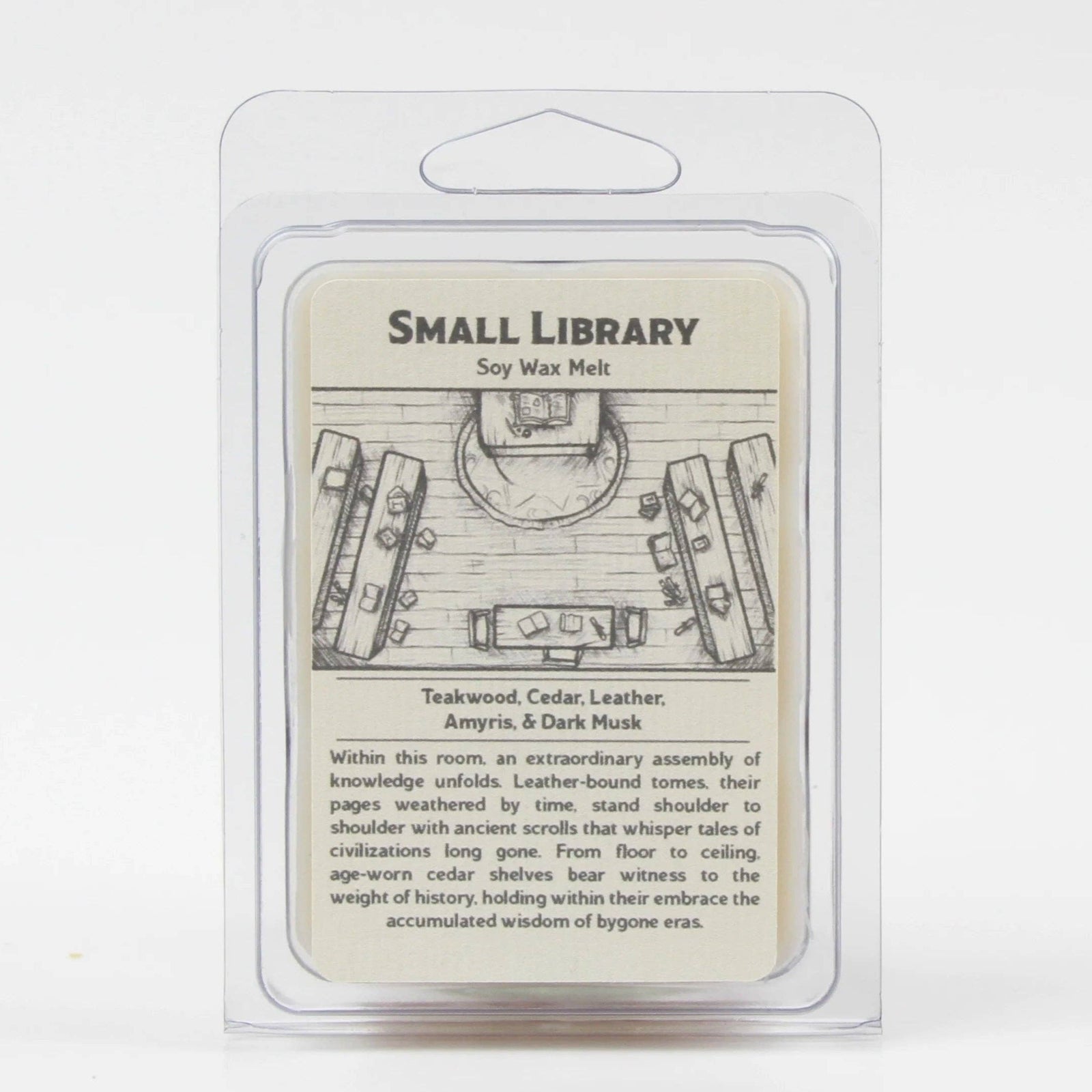 Small Library - Wax Melt Scent Notes: Teakwood, Cedar, Leather, Amyris, & Dark Musk