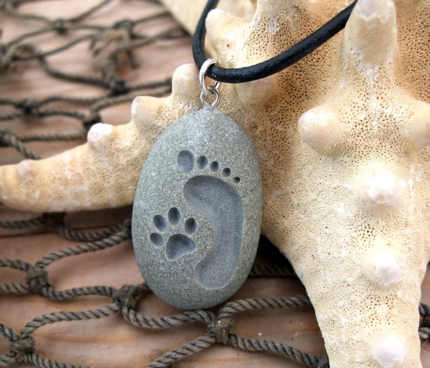 Footprint and Cat Paw Forever Friends - Engraved Beach Stone Pendant - Closest of Bonds Necklace