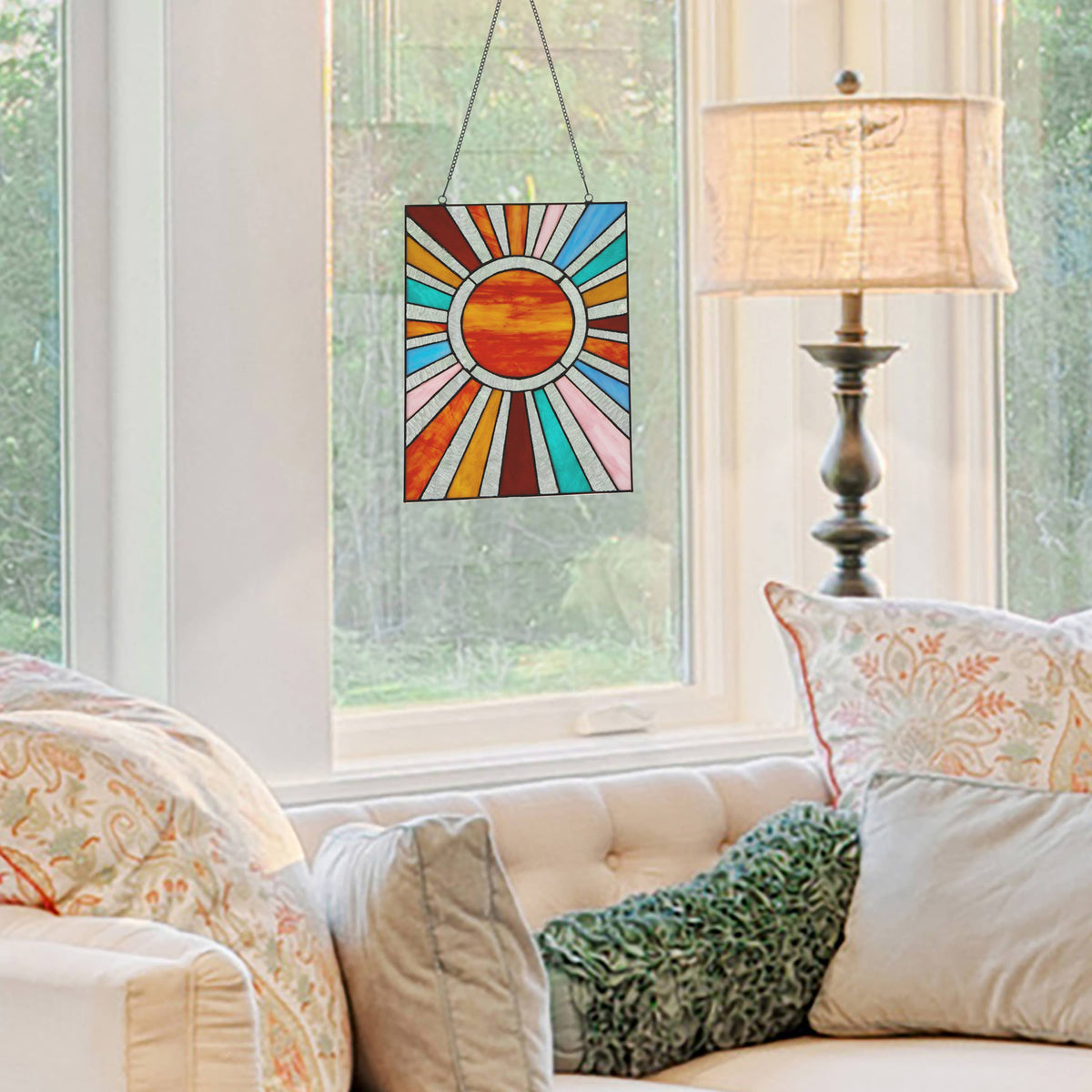 Multicolor Sunburst Stained Glass Window Panel 14.5&quot;H