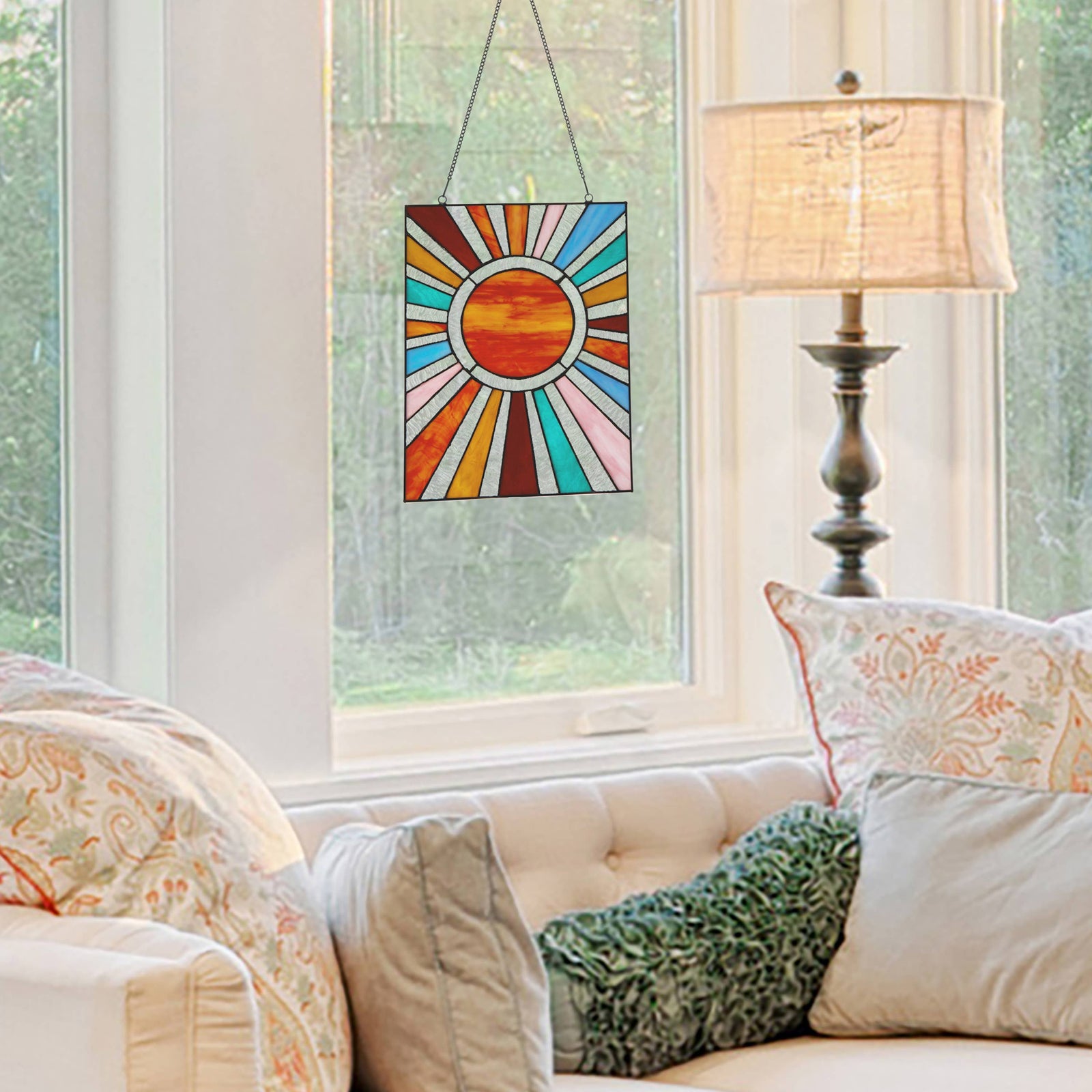 Multicolor Sunburst Stained Glass Window Panel 14.5"H