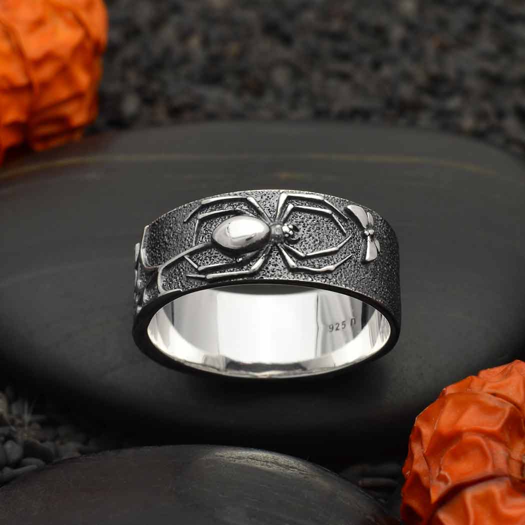 Sterling Silver Wide Band Web and Spider Ring