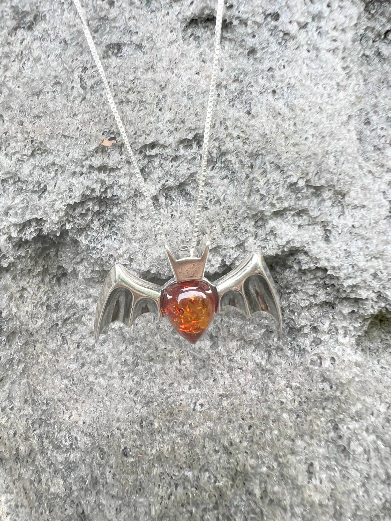 Large Baltic Amber Bat Sterling Silver Pendant