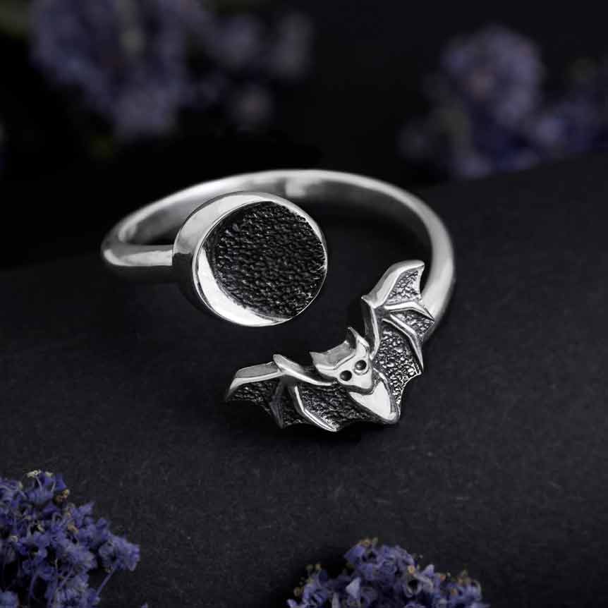 Sterling Silver Adjustable Moon and Bat Ring