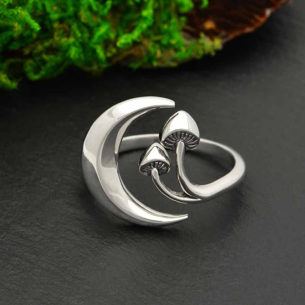 Sterling Silver Moon and Mushroom Adjustable Ring