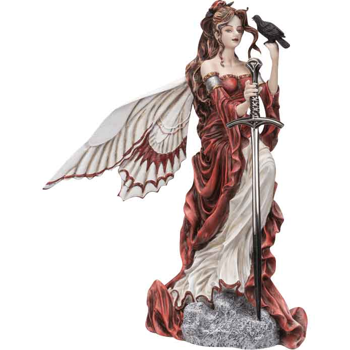 Open your bills and mail with a touch of fantasy and ethereal style with this Sword Fairy with Raven Letter Opener Statue. Made from cold-cast resin, this hand-painted fantasy statue features a design by artist Nene Thomas. The fairy has a Raven perched on her left hand. The fairy&#39;s hand wraps around the hilt of a zinc-alloy sword letter opener. This fairy statue with a letter opener makes a great desk accessory or a piece of fantasy decor.